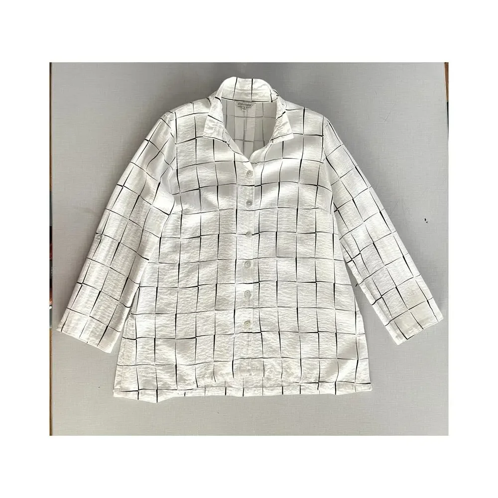 John Mark Wms Sz S Grid A-Line Tunic Top White Lagenlook Casual Breezy Relaxed
